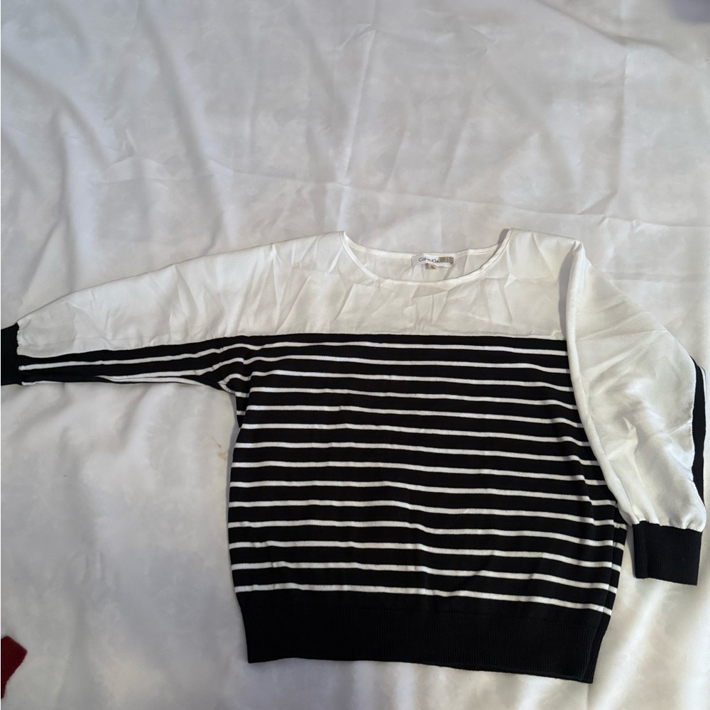 Calvin Klein Black and White Striped Scoop Neck Sweater